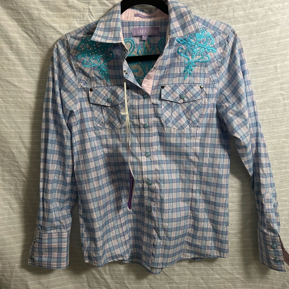 Lamasini Turquoise blue Plaid Long Sleeve Collared Western Shirt Size M